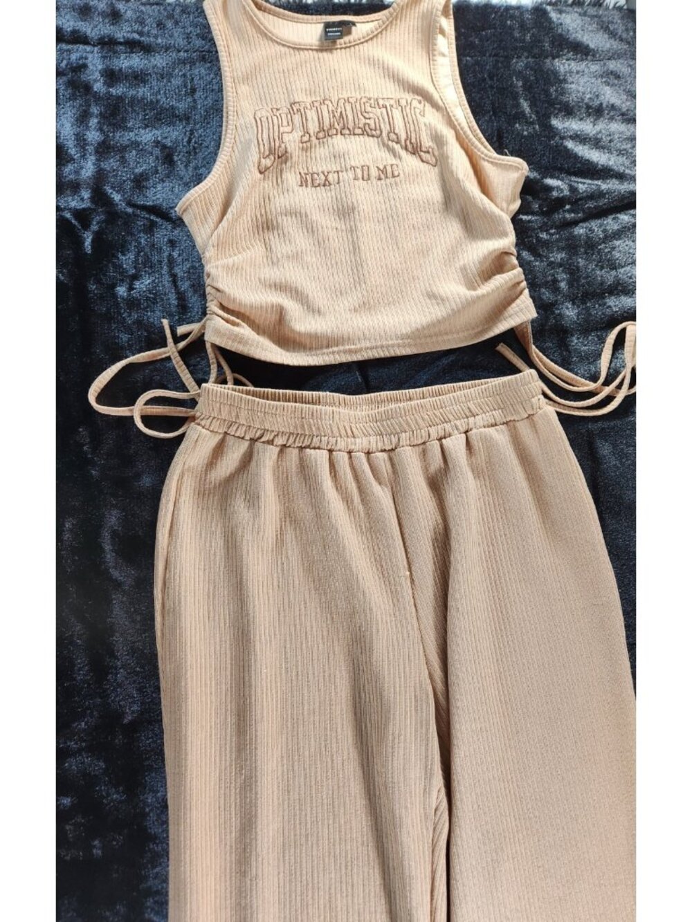 SHEIN 2 pcs Ruched Sleeveless Top and Elastic Pants Set - Brown - SZ L